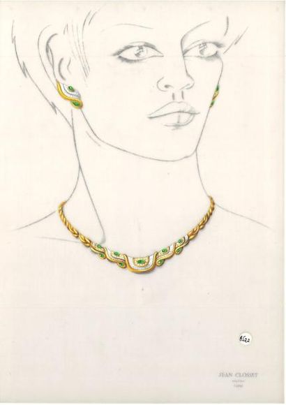  Jean CLOSSET (1935-2013) Suite de cinq projets de bijoux à la gouache sur papier...