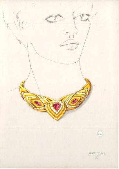 null Jean CLOSSET (1935-2013) 

Suite de cinq projets de bijoux à la gouache sur...