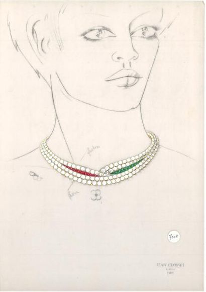 null Jean CLOSSET (1935-2013) 

Suite de cinq projets de bijoux à la gouache sur...