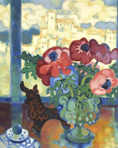 null Guy CHARON (Né en 1927)	


	Bouquet d’anémones, village de Provence


	Huile...