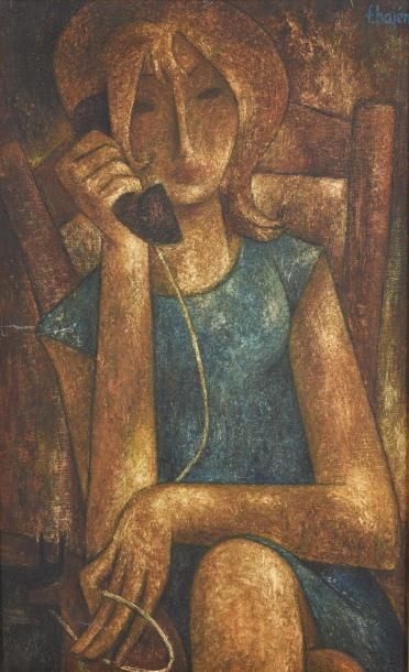 null Francisco BAJEN (1912-2014)	


	Jeune femme au téléphone


	Huile sur toile...