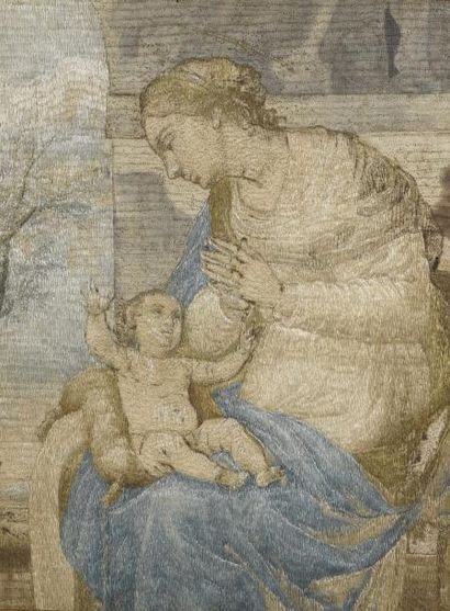 null Tableau de broderie au point passé en soie à décor d’une Vierge à l’Enfant.


XVIIIème...