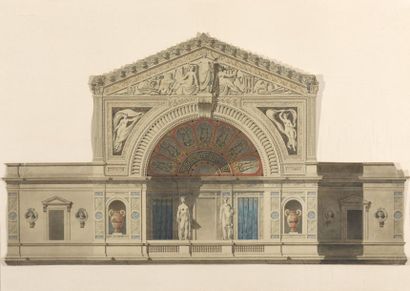  Ecole du XIXème siècle 
Dessin d'architecte 
Aquarelle et encre non signée. 
(découpes,...