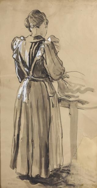  Henri LEBASQUE (1865-1937)	 
	Jeune femme de dos 
	Encre et lavis d'encre signé...