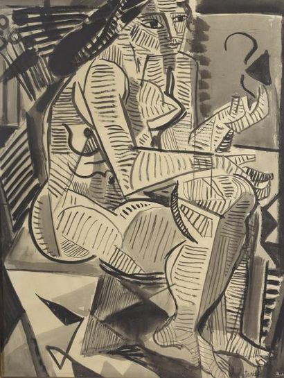 null Louis LATAPIE (1891-1972)	


	Nu cubiste assis


	Encre de Chine et gouache,...
