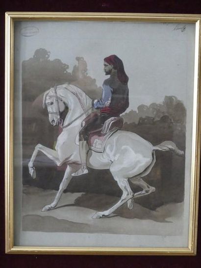 null Lot comprenant :

- 2 aquarelles représentant des chevaliers arabes

- Technique...