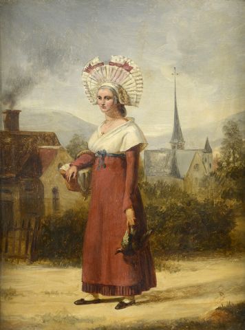null Ecole française vers 1840 
Jeune femme picarde à la caille
Huile sur toile.
32...