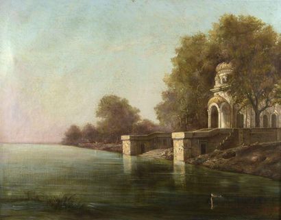 null Olivier PICHAT (1825-1912)
Kiosque ottoman sur les rives du Bosphore 
Huile...