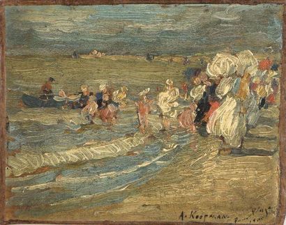 null Augustus B. KOOPMAN (1869-1914)	
Personnages en bord de mer
Huile sur panneau,...