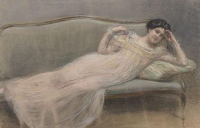null André SINET (1867-1923)
Portrait de femme en négligé sur un divan 
Pastel, signé...