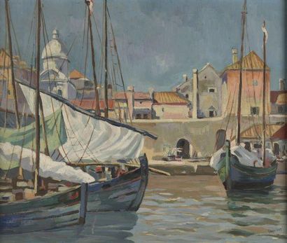 null Francis BOTT (1904-1998)
Voiliers à quai
Huile panneau, signée en bas à droite.
57...