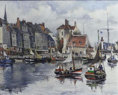 null Gaston Girault (1913-1974) 
Le port de Honfleur 
Huile sur toile, signée et...
