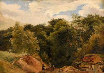 null Attribué à Jules COIGNET (1798-1860)
Lavandière et garde-champêtre en forêt...