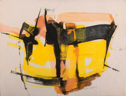  Walter STRACK (1936) 
Composition jaune, 1963 
Acrylique sur papier. 
Signée et...