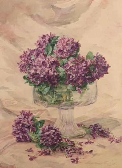 null Madeleine LEMAIRE (1845-1928)
Vase de lilas
Aquarelle. 
Signée en bas à droite....