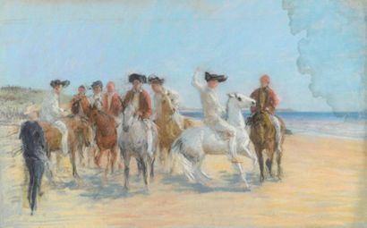 null Paul TAVERNIER (1852-1943)
Cavaliers argentins sur la plage. 
Pastel. Taches.
37...