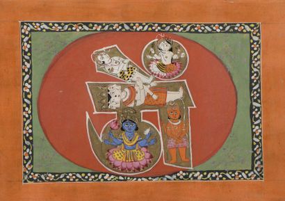 null Trois illustrations de Devi, Civa et Om, symbole sacré de l’Hindouisme. Cachemire,...