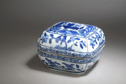 null Boîte en porcelaine de forme carrée à pans coupés, à décor en bleu sous couverte...