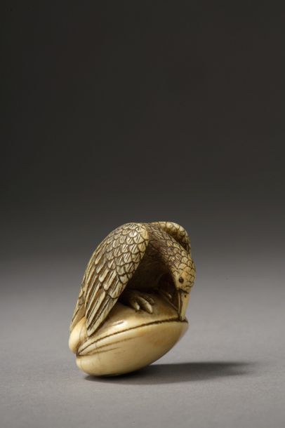 null Netsuke en ivoire représentant un oiseau essayant d’ouvrir un coquillage.


Signé...