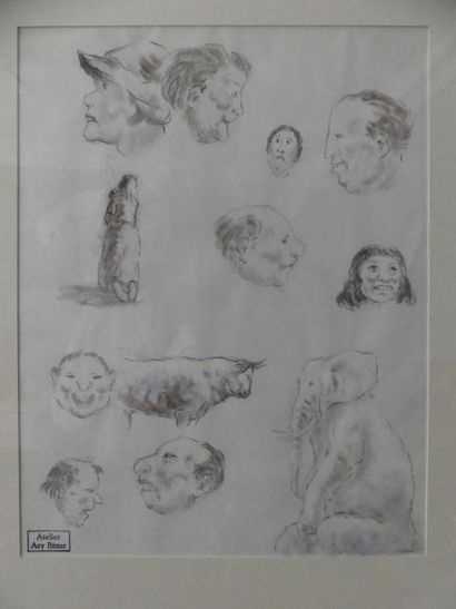 null Ary Jean Léon BITTER (1883-1973)
Etude de visages, taureau et éléphant
Dessin,...