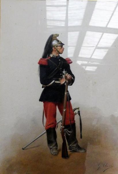 null Attribué à Gaston CLARIS (1843 – 1899)
Soldat de la Garde Républicaine
Gouache...