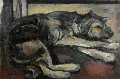null André BLOC (1896-1966)
Chien endormi
Huile sur toile.
Signée en bas à gauche.
54...