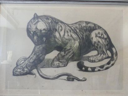 Paul JOUVE (1873 - 1978) Jaguar et serpent...