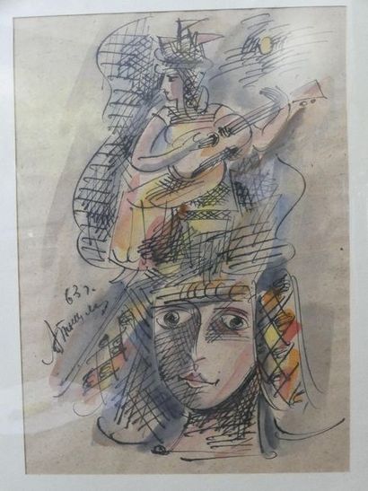 null Ecole Russe du Xxème siècle
Composition à la guitare
Aquarelle sur papier, porte...