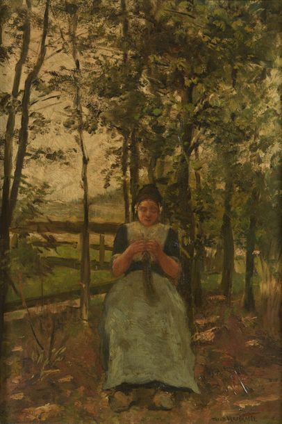 null Theodoor VERSTRAETE (1851-1907)	
	Jeune paysanne à l'ouvrage
	Huile sur toile,...