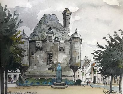 null Suzanne GUEGUEN (XXe)
L'Eglise et le Présidial de Guerlesquin
Deux aquarelles
Signées
41,5...