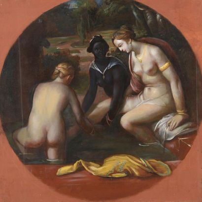 null D'après Cornelis VAN HAARLEM (1562-1638)
Bethsabée au bain
Huile sur toile.
71...