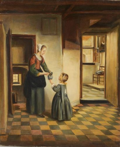 null D'après Pieter DE HOOCH (1629-1684)
Femme avec un enfant dans un intérieur
Huile...