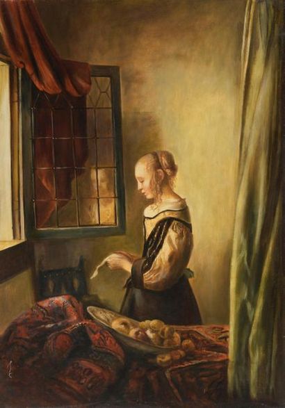 null D'après Jan VERMEER (1656-1705)
La lettre 
Huile sur toile
92 x 70 cm
Cachet...