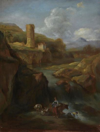null D'après Nicolaes BERCHEM (1620-1683)
Paysans aux pieds d'une rivière
Huile sur...