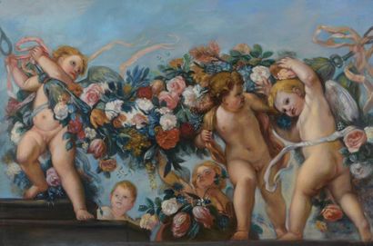 null D'après Carlo MARATTI (1625-1713)
Amour et guirlandes de fleurs 
Huile sur toile.
68...