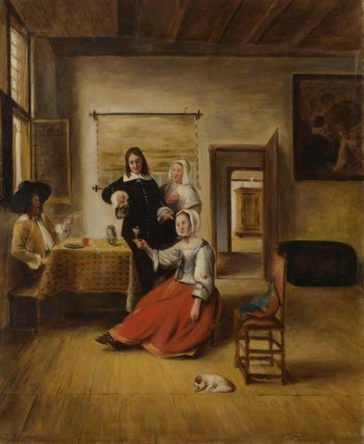 null D'après Pieter DE HOOCH (1629-1684)
La Buveuse
Huile sur toile. 
61 x 50 cm
Cachet...