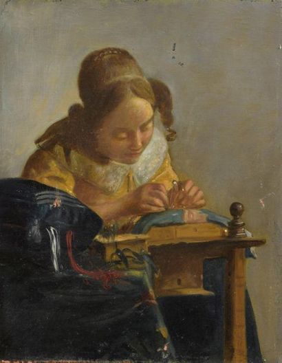 null D'après Jan VERMEER (1656 – 1705)
La dentellière
Huile sur toile. 
26,5 x 22...
