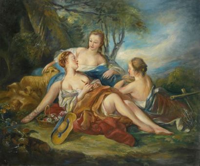 null D'après François BOUCHER (1703-1770) 
Trois femmes 
Huile sur toile.
54 x 65...