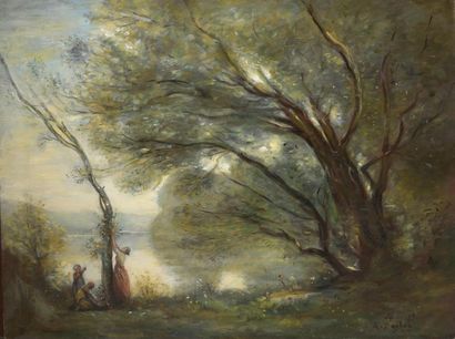 null D'après Camille COROT (1796-1875)
Souvenir de Mortefontaine
Huile sur toile.
50...