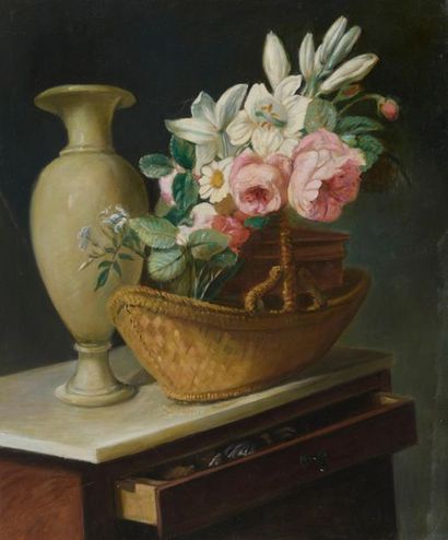 null D'après Antoine BERJON (1754-1843)
Vase de fleurS dans un intérieur 
Huile sur...