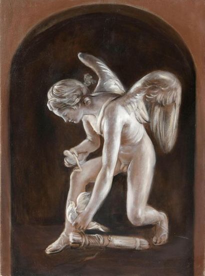 null D'après une sculpture
Cupidon tenant une colombe 
Huile sur toile. 
73 x 54...