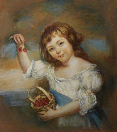 null D'après John RUSSEL (1858-1930)
Petite fille aux cerises
Huile sur toile. 
63...