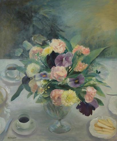 null Atelier Dagher
Composition florale et cafés
Huile sur toile. 
55 x 46 cm
Cachet...