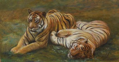 null Atelier Dagher 
Les deux tigres 
Huile sur panneau. 
30 x 50 cm (environ)
Cachet...