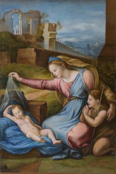 null D'après Giovan Francesco PENNI (1488/1496 – 1528)
Vierge au diadème bleu
Huile...