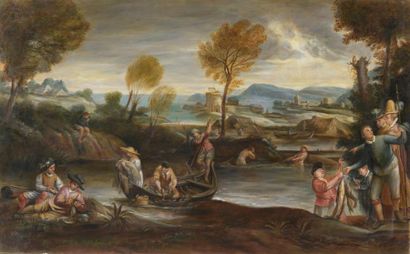 null D'après Annibale CARRACCI (1560-1609)
La pêche 
Huile sur toile.
81 x 130 cm
Cachet...