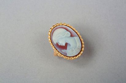 null Bague en or jaune 18k 750‰ parée d'un camée agate représentant le profil d'une...