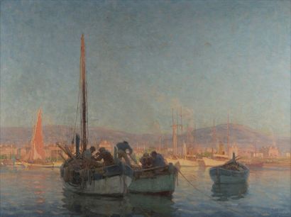  Paul JOBERT (1863-1942) 
Le port de Cannes au soleil couchant 
Huile sur toile....