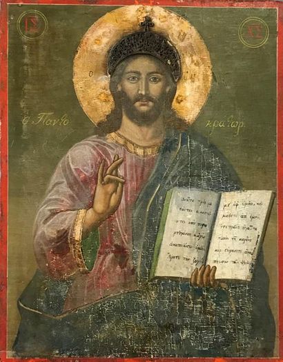 null PAIRE D’ICÔNES, PROBABLEMENT DE MARIAGE 
Grèce, XIXe siècle
Le Christ Pantocrator...