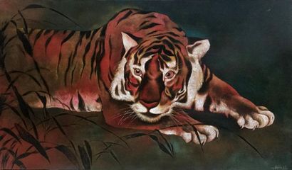 null Ecole asiatique
Tigres
Deux peintures sur panneau de laque, signées
121 x 80...